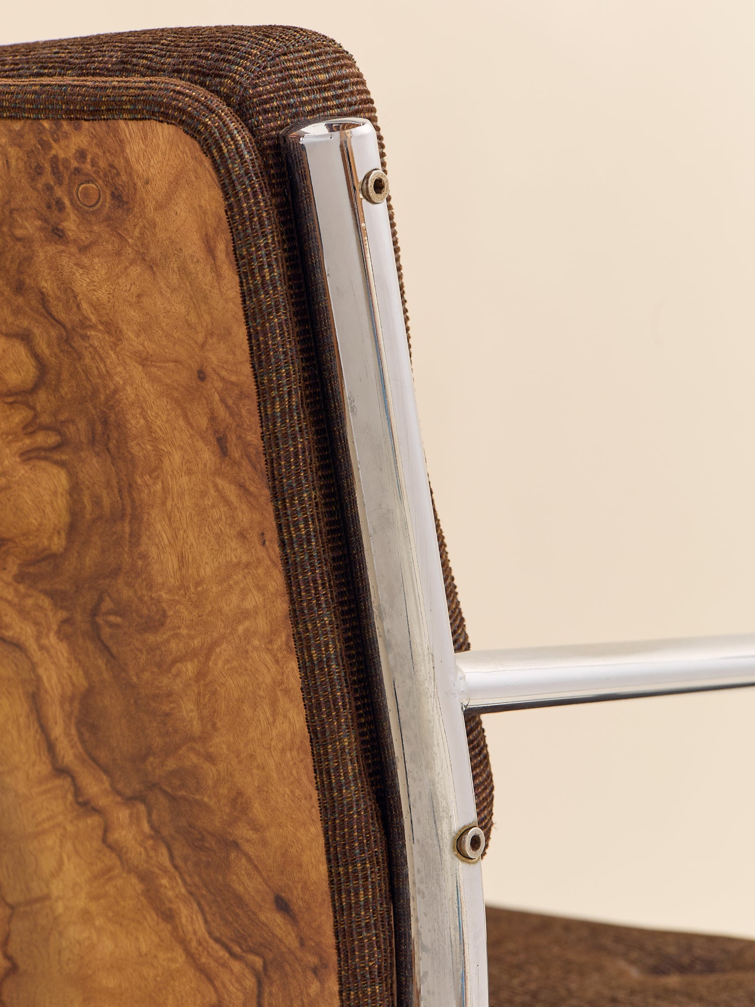 Vintage 1970s Chrome & Burl Wood Mid-Century ArmchairsSeatingMiscellanea, etc.
