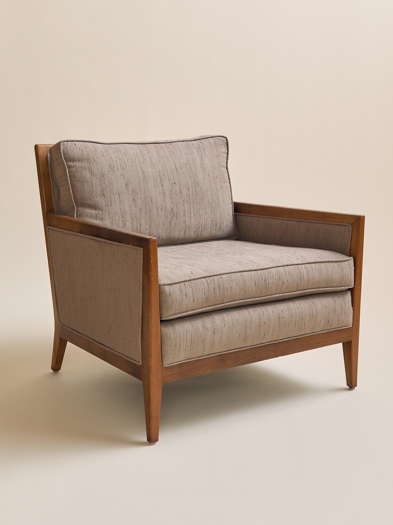 The Vintage Mid Century Walnut Lounge Chair in Textured Beige UpholsterySeatingMiscellanea, etc.