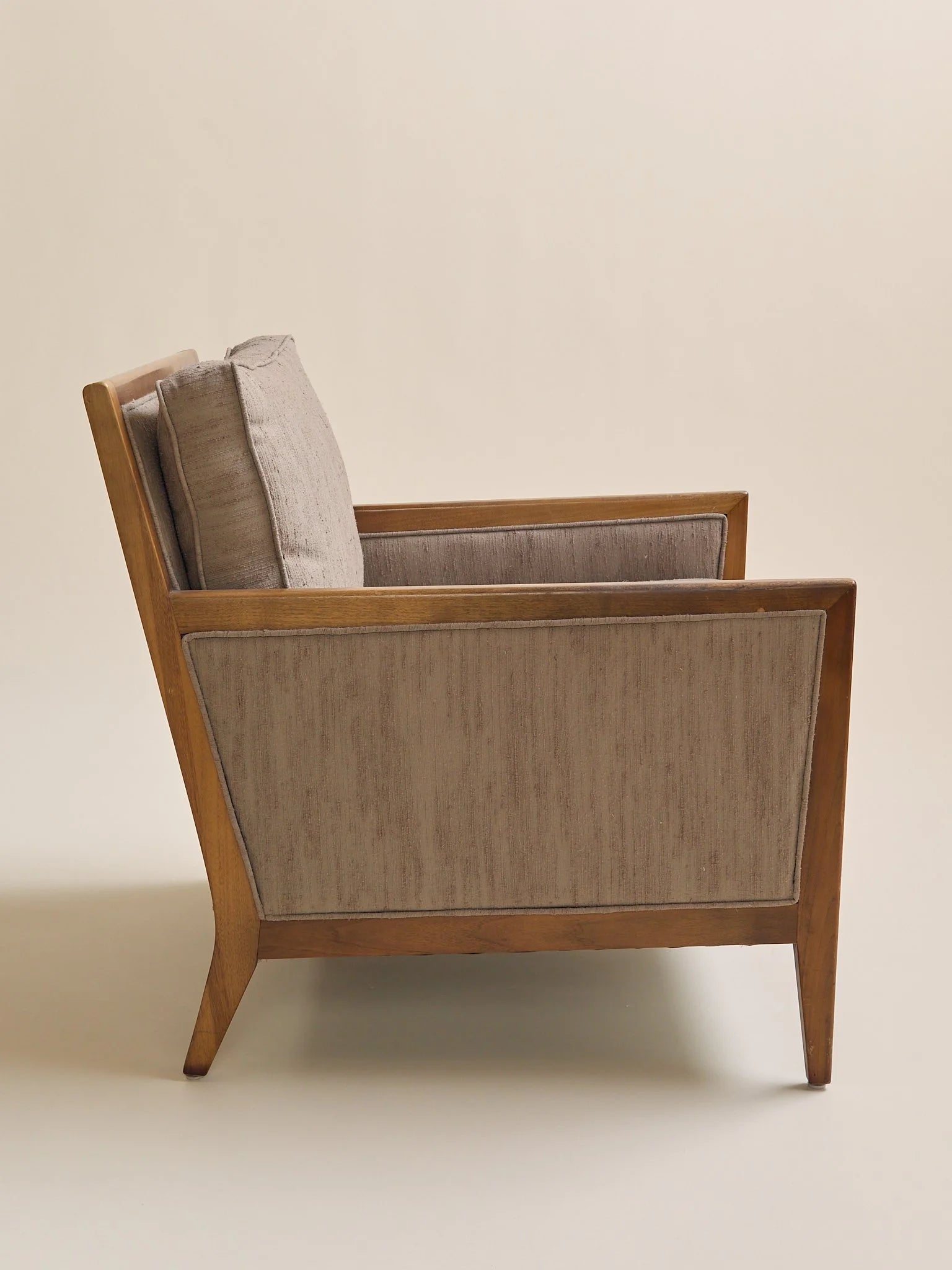 The Vintage Mid Century Walnut Lounge Chair in Textured Beige UpholsterySeatingMiscellanea, etc.