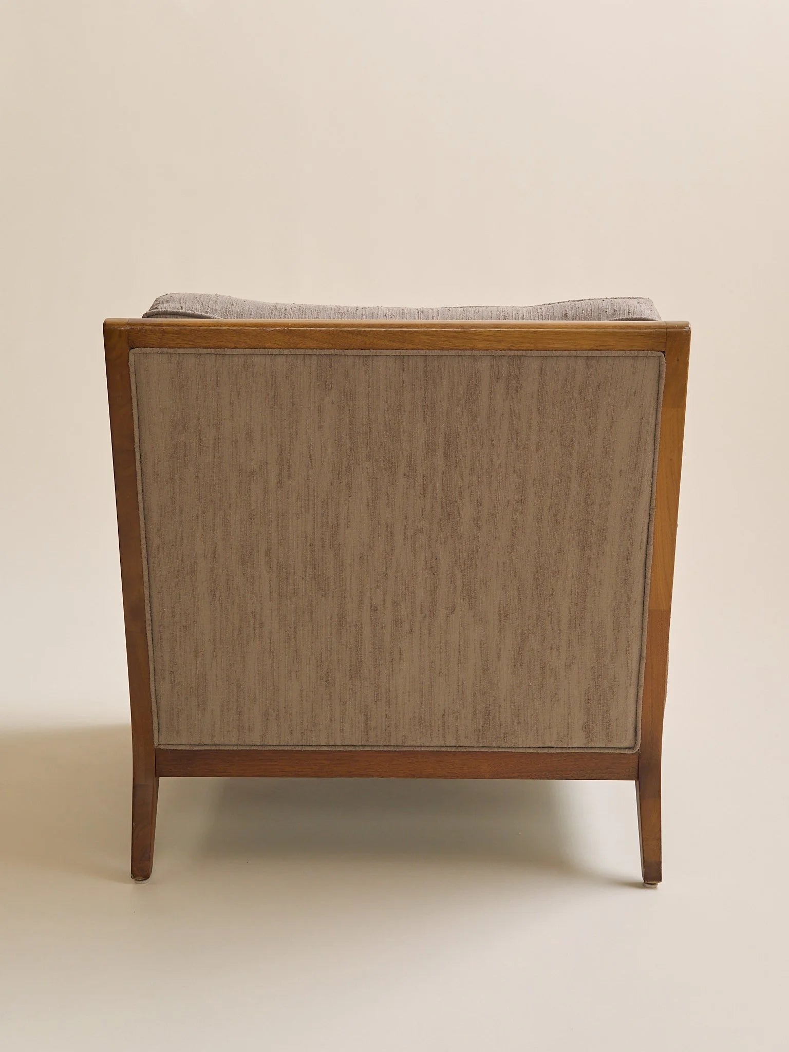 The Vintage Mid Century Walnut Lounge Chair in Textured Beige UpholsterySeatingMiscellanea, etc.
