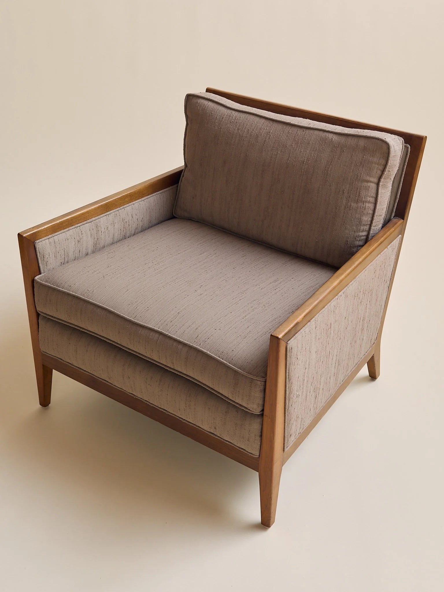 The Vintage Mid Century Walnut Lounge Chair in Textured Beige UpholsterySeatingMiscellanea, etc.