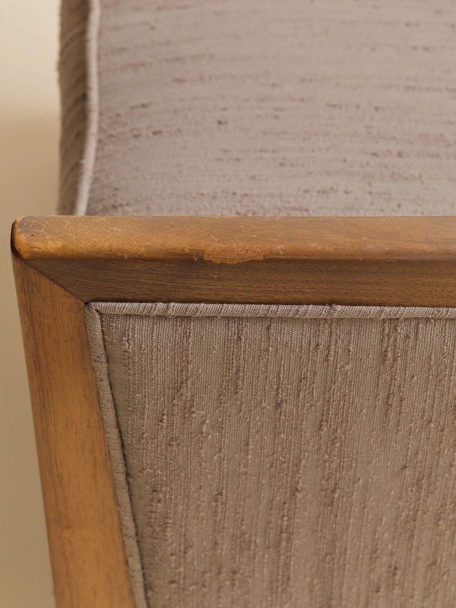 The Vintage Mid Century Walnut Lounge Chair in Textured Beige UpholsterySeatingMiscellanea, etc.