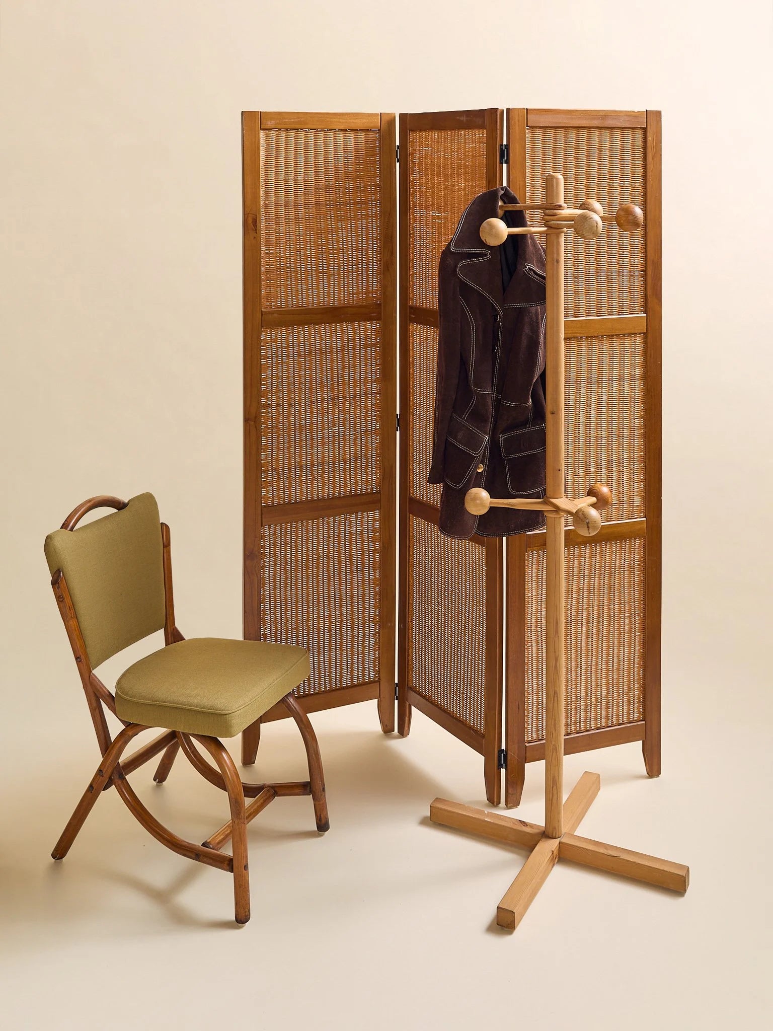 The Vintage MCM Wood & Rattan Panel ScreenAccentsMiscellanea, etc.