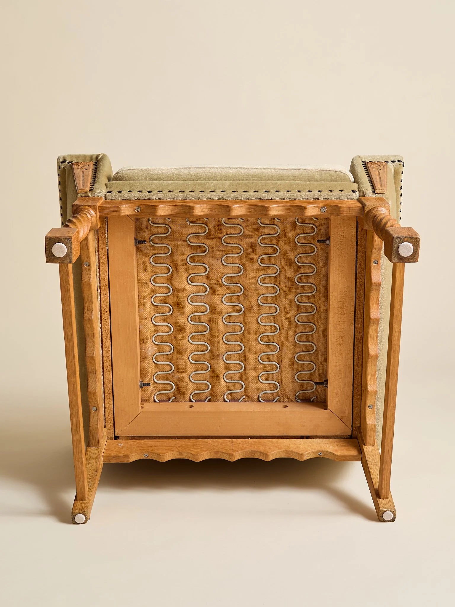 The Vintage Danish Velour Carved-Detail High-Back Olive ArmchairSeatingMiscellanea, etc.