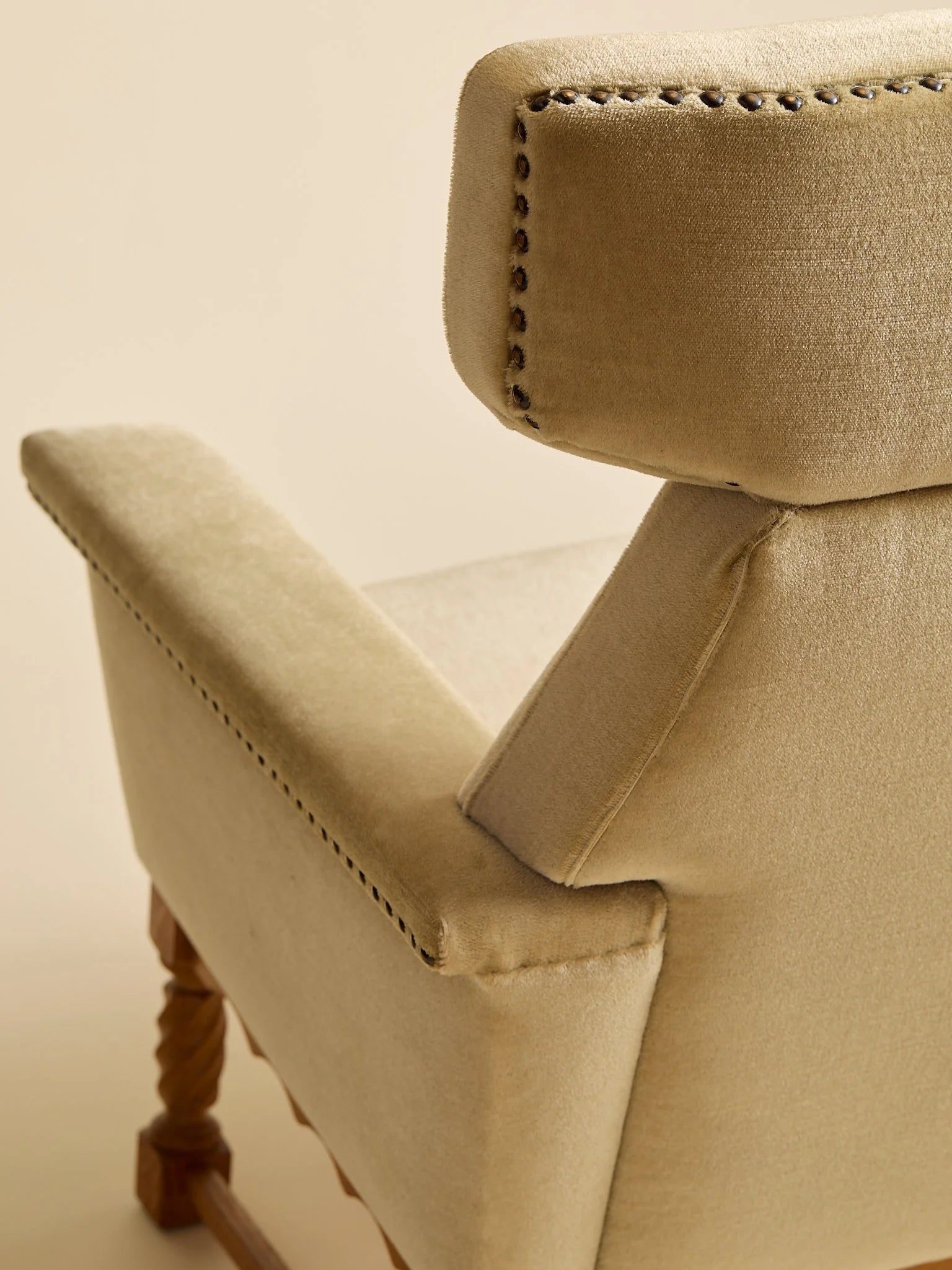 The Vintage Danish Velour Carved-Detail High-Back Olive ArmchairSeatingMiscellanea, etc.