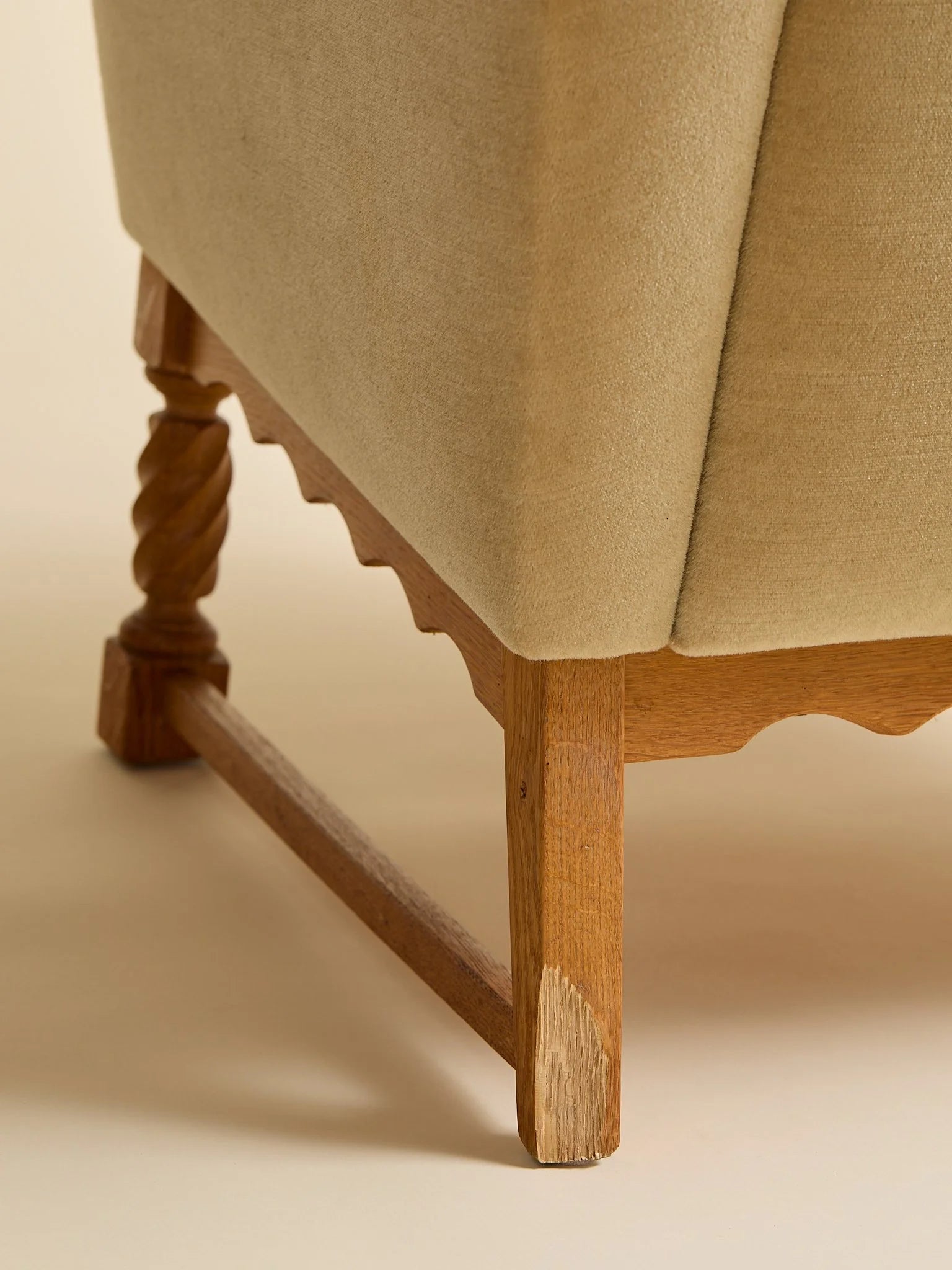 The Vintage Danish Velour Carved-Detail High-Back Olive ArmchairSeatingMiscellanea, etc.