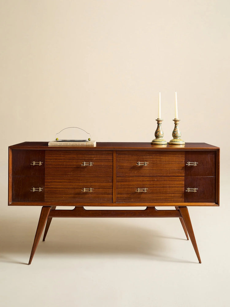 The Vintage 1950s Mahogany And Rosewood Dresser with Brass HardwareChests and DressersMiscellanea, etc.