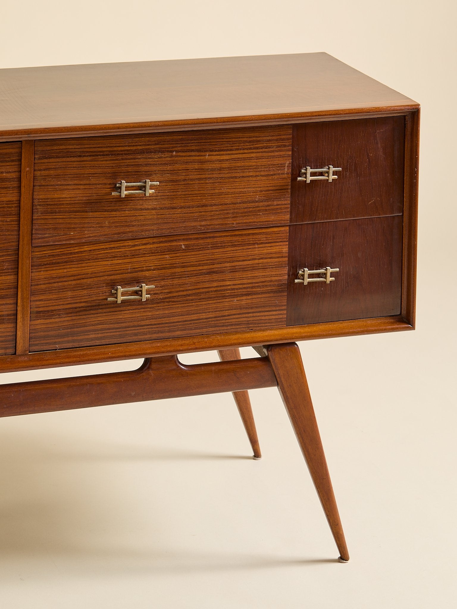 The Vintage 1950s Mahogany And Rosewood Dresser with Brass HardwareChests and DressersMiscellanea, etc.