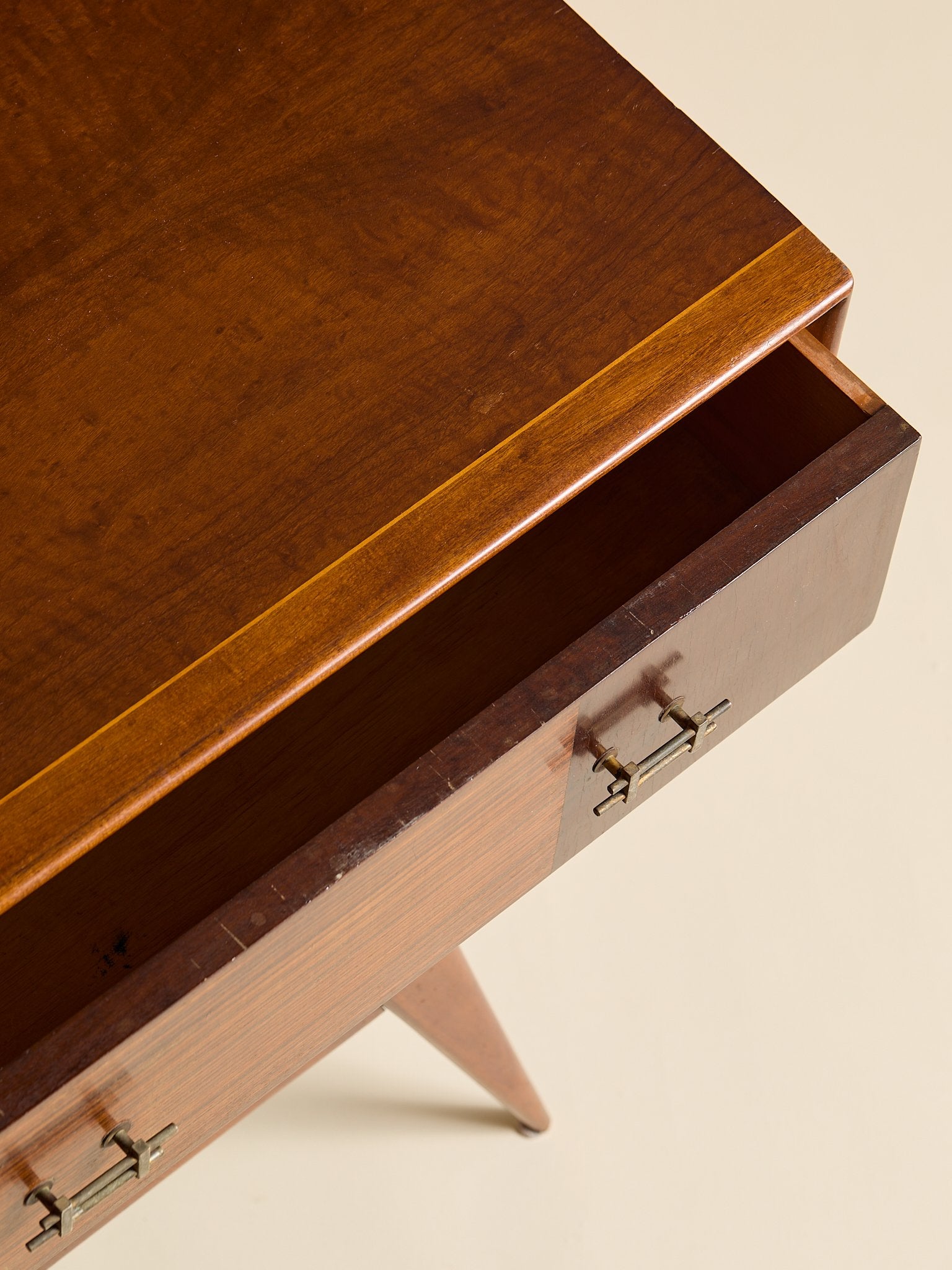 The Vintage 1950s Mahogany And Rosewood Dresser with Brass HardwareChests and DressersMiscellanea, etc.