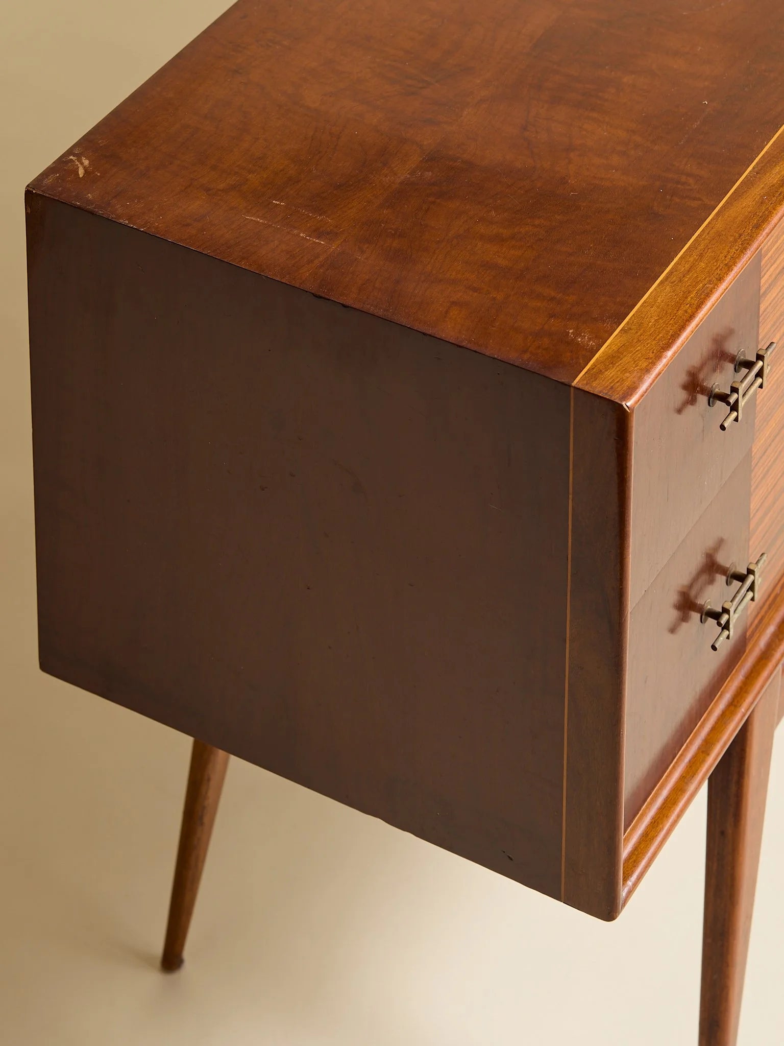 The Vintage 1950s Mahogany And Rosewood Dresser with Brass HardwareChests and DressersMiscellanea, etc.