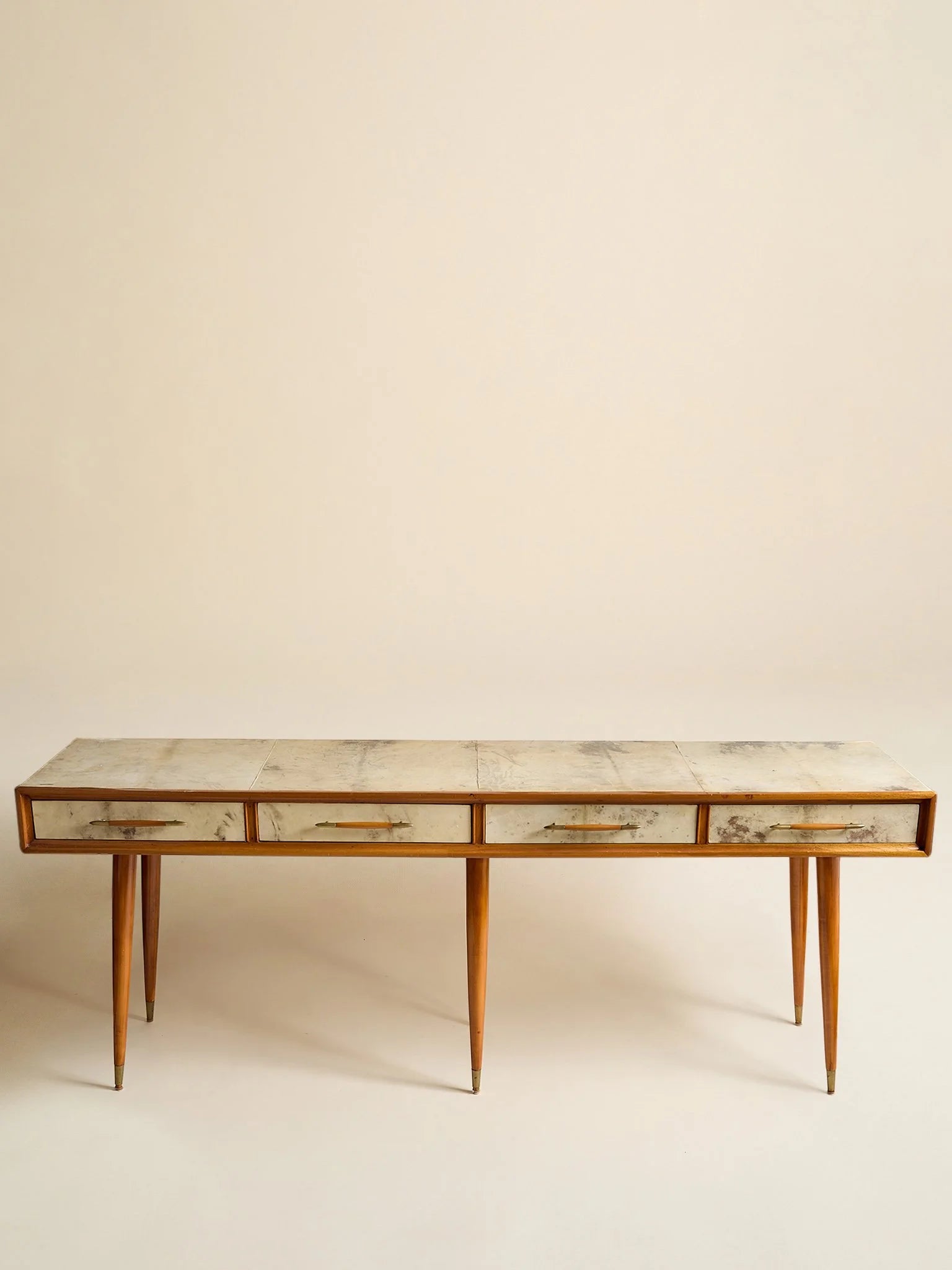 The Vintage 1950s Wood And Parchment Console Table In The Style Of Gio PontiConsole TablesMiscellanea, etc.