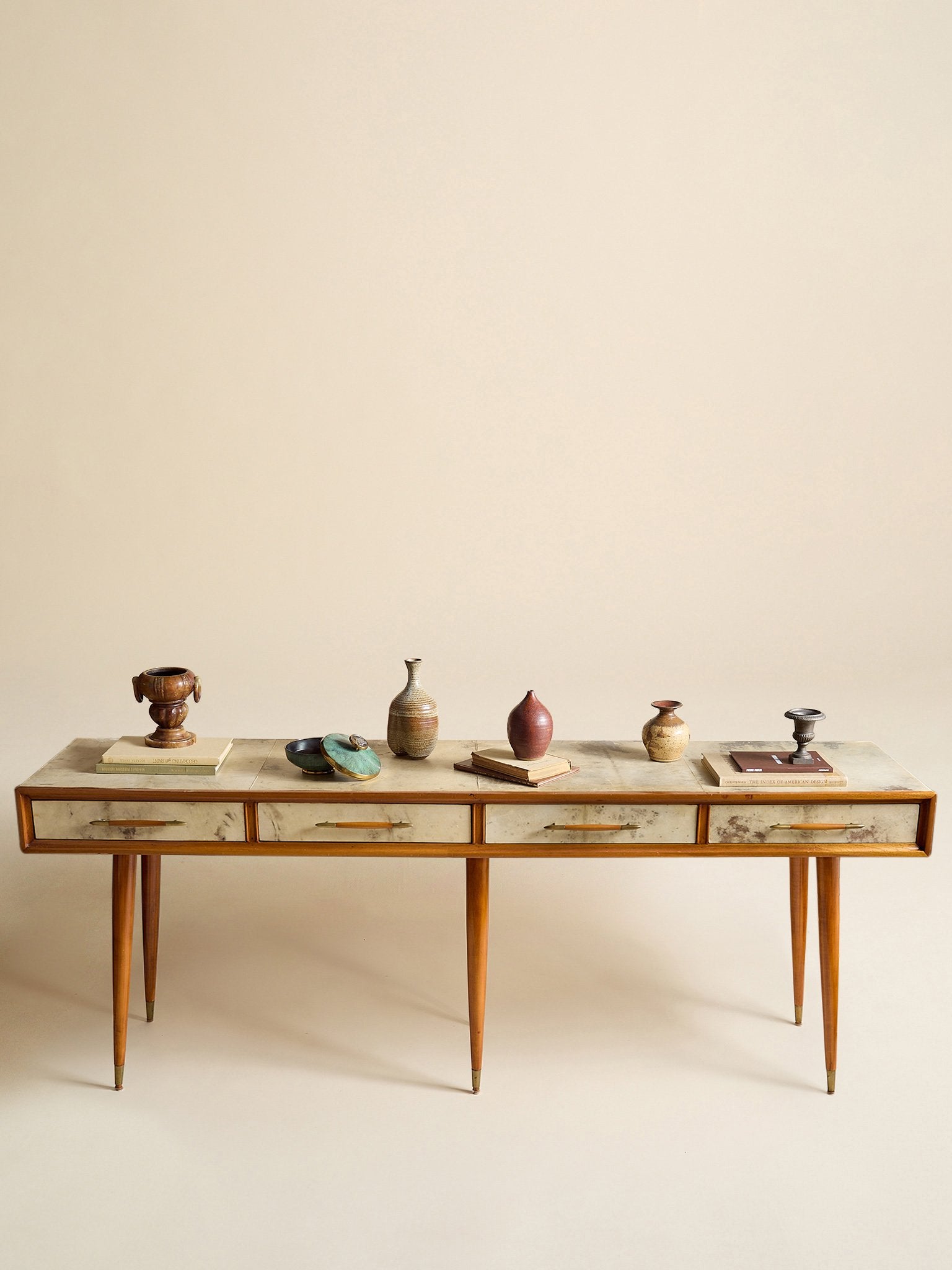 The Vintage 1950s Wood And Parchment Console Table In The Style Of Gio PontiConsole TablesMiscellanea, etc.