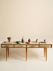The Vintage 1950s Wood And Parchment Console Table In The Style Of Gio PontiConsole TablesMiscellanea, etc.
