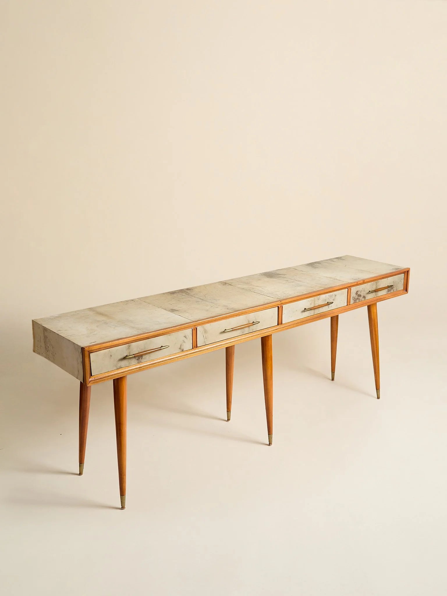 The Vintage 1950s Wood And Parchment Console Table In The Style Of Gio PontiConsole TablesMiscellanea, etc.