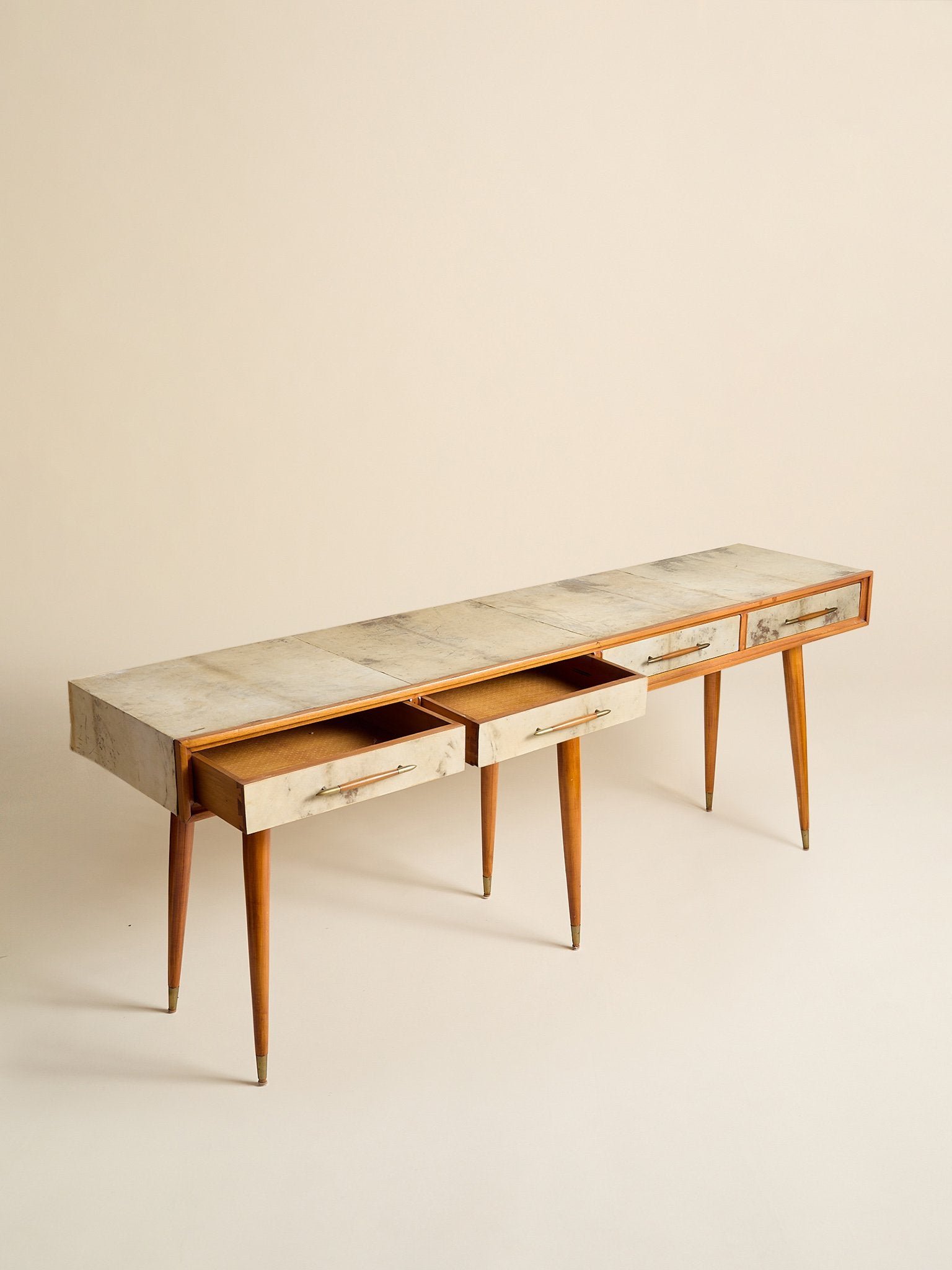 The Vintage 1950s Wood And Parchment Console Table In The Style Of Gio PontiConsole TablesMiscellanea, etc.