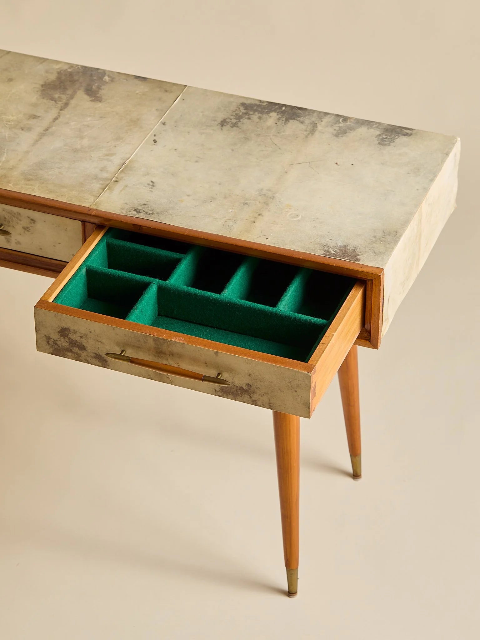 The Vintage 1950s Wood And Parchment Console Table In The Style Of Gio PontiConsole TablesMiscellanea, etc.