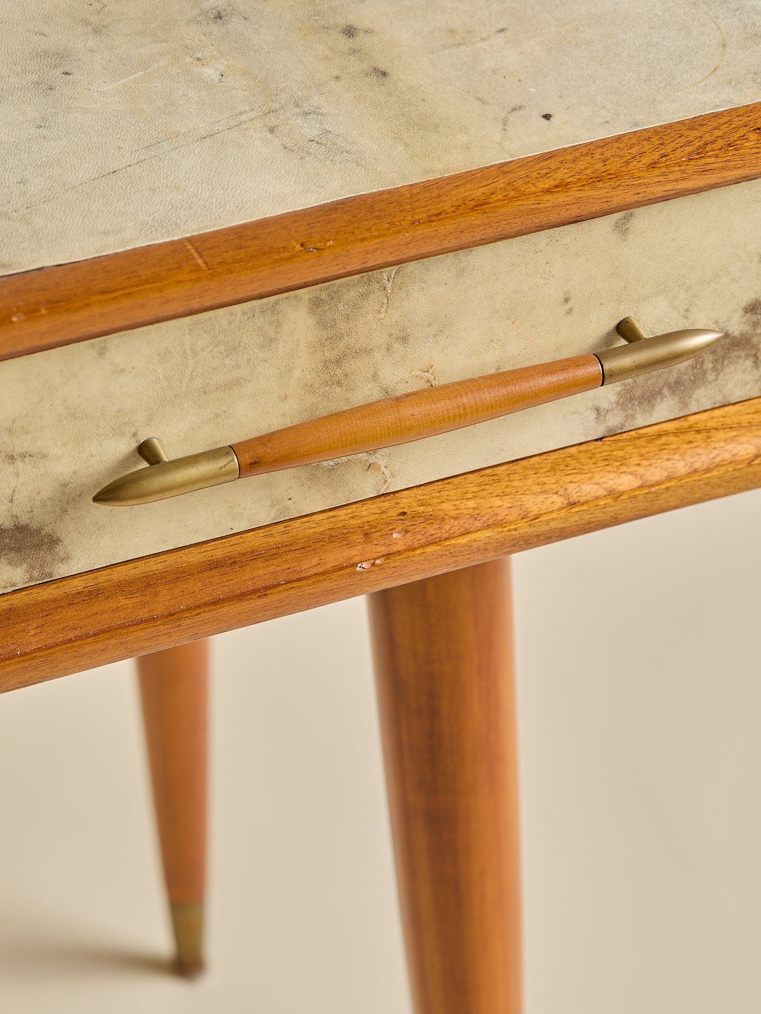 The Vintage 1950s Wood And Parchment Console Table In The Style Of Gio PontiConsole TablesMiscellanea, etc.