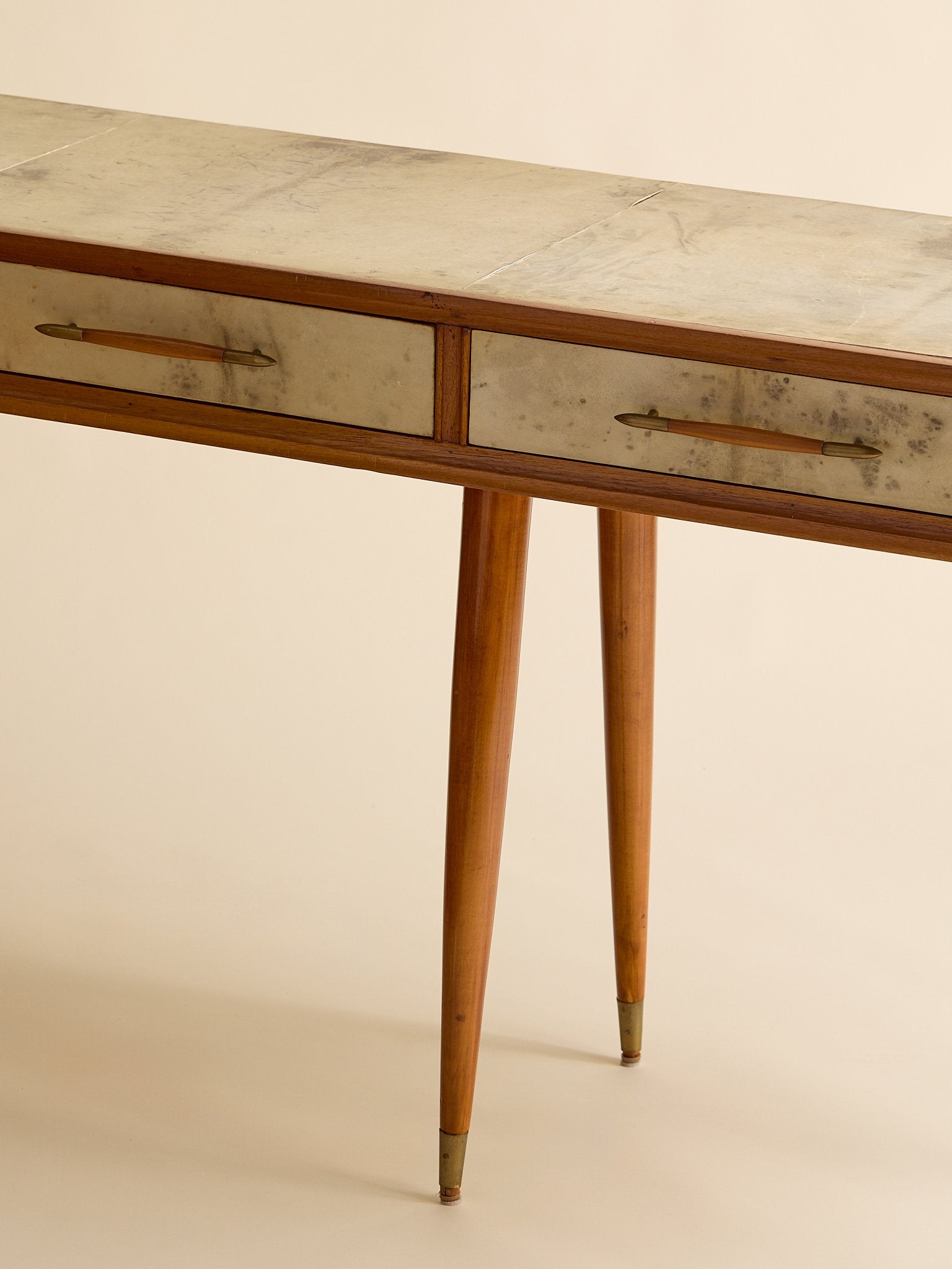The Vintage 1950s Wood And Parchment Console Table In The Style Of Gio PontiConsole TablesMiscellanea, etc.