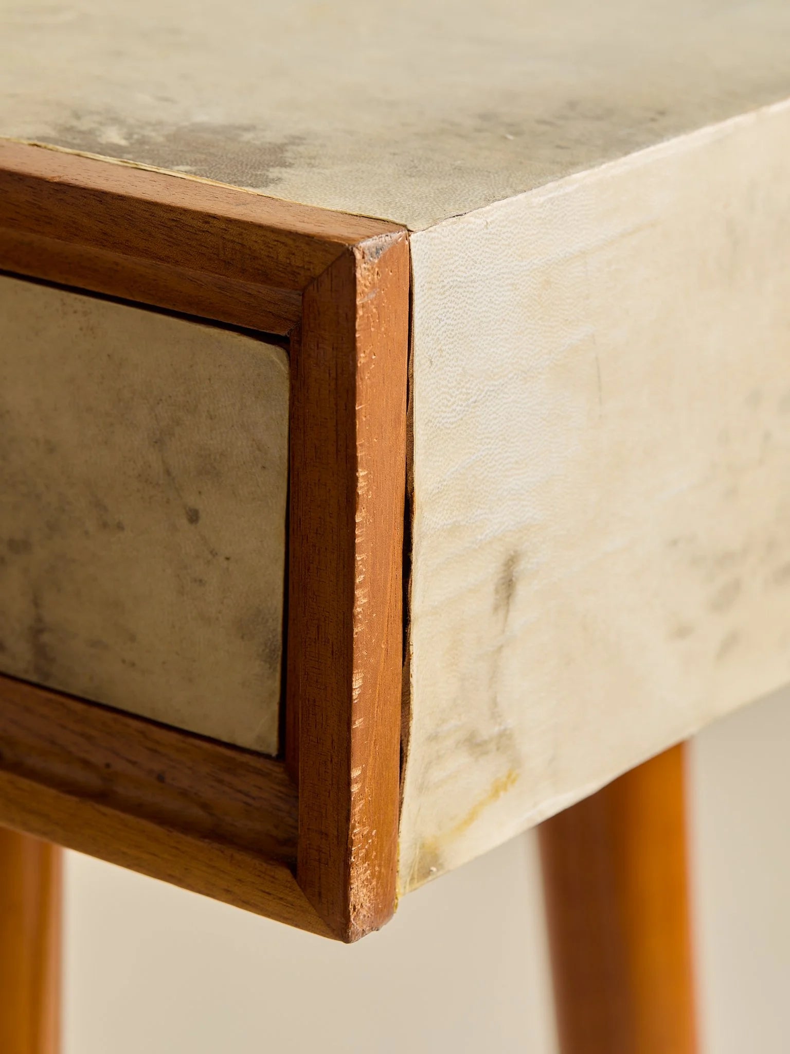 The Vintage 1950s Wood And Parchment Console Table In The Style Of Gio PontiConsole TablesMiscellanea, etc.