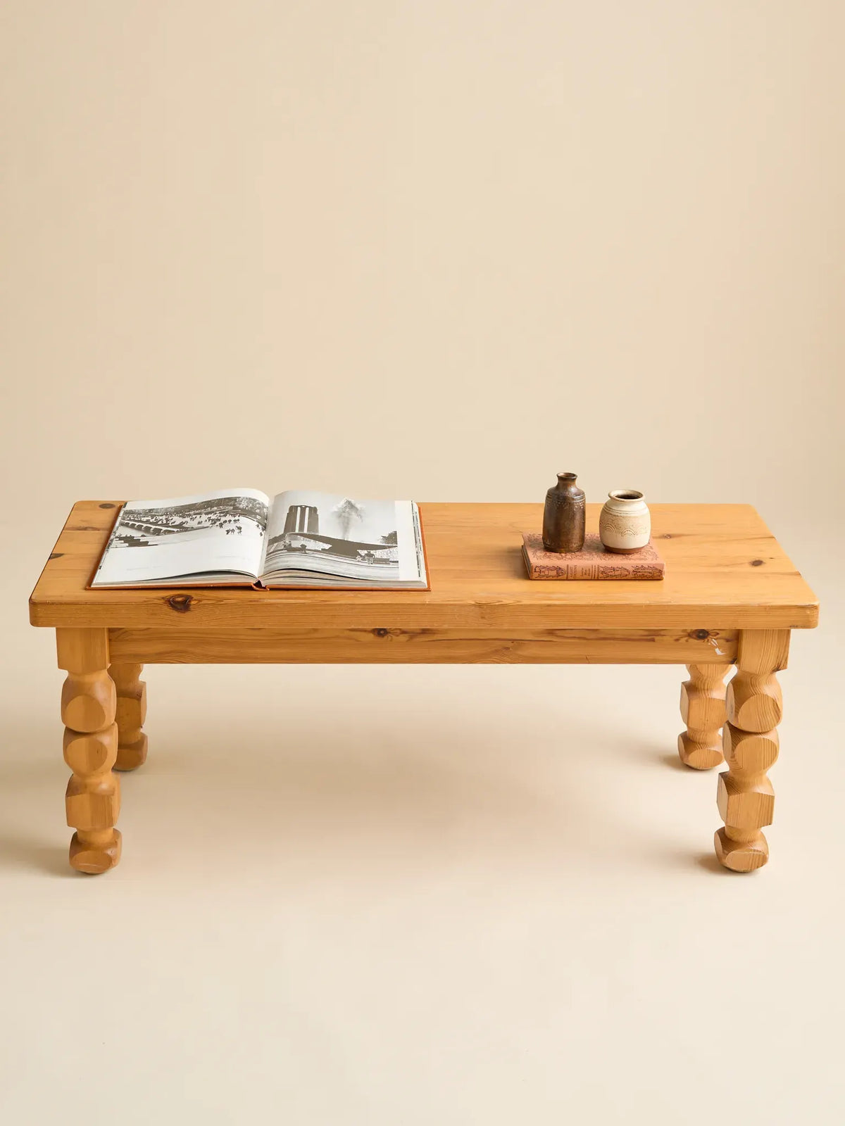 The Vintage Scandinavian Pine Carved Leg Coffee Table or Bench, 1970sCoffee TablesMiscellanea, etc.