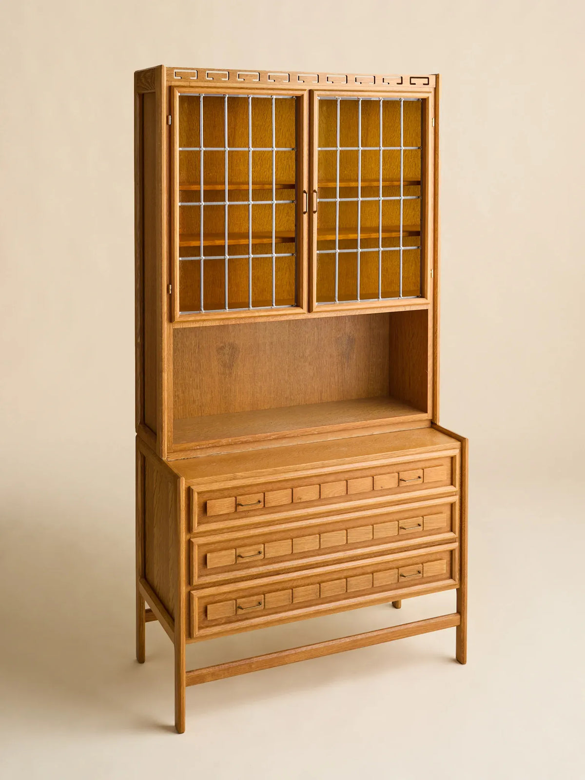 The Vintage Danish Oak Step-Back Cabinet with Yellow Glass Doors by Henning KjaernulfCabinets and ShelvingMiscellanea, etc.