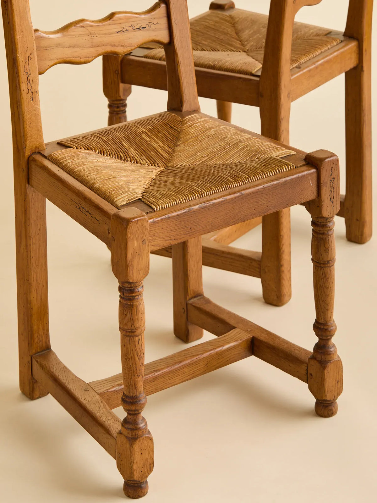 The Vintage French Elm and Rush Dining Chairs, 1940SeatingMiscellanea, etc.