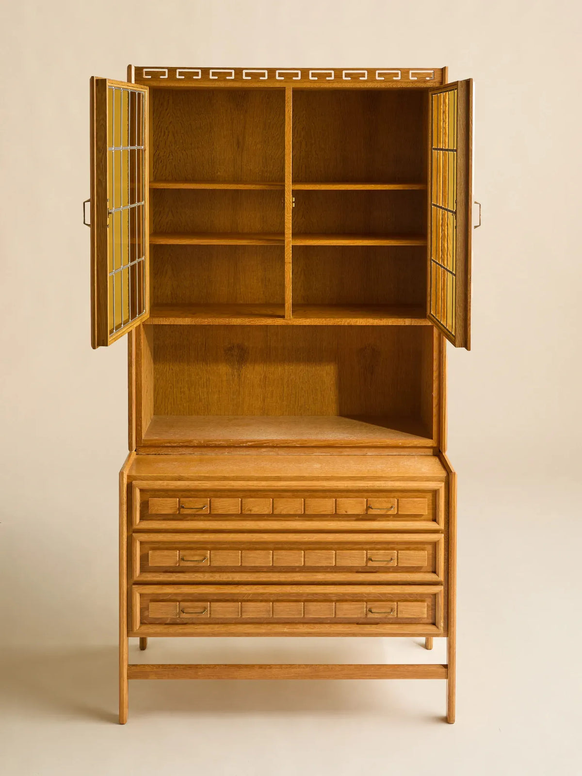 The Vintage Danish Oak Step-Back Cabinet with Yellow Glass Doors by Henning KjaernulfCabinets and ShelvingMiscellanea, etc.