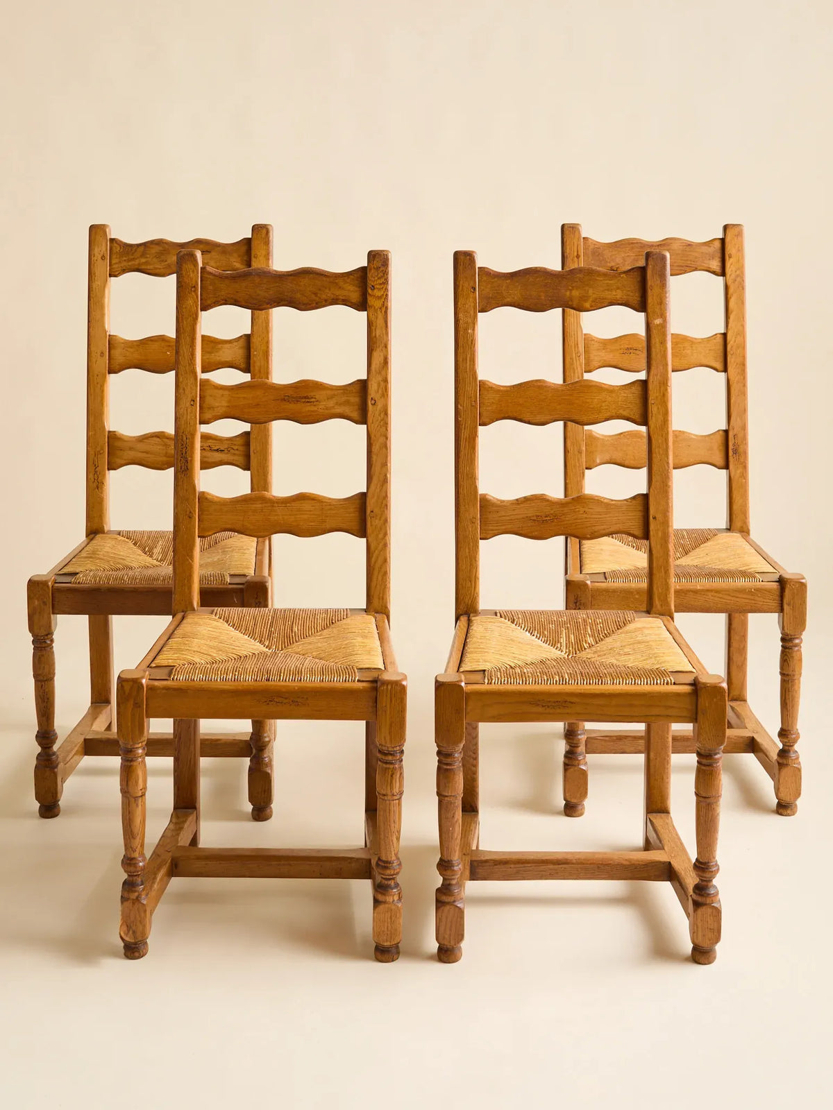 The Vintage French Elm and Rush Dining Chairs, 1940SeatingMiscellanea, etc.