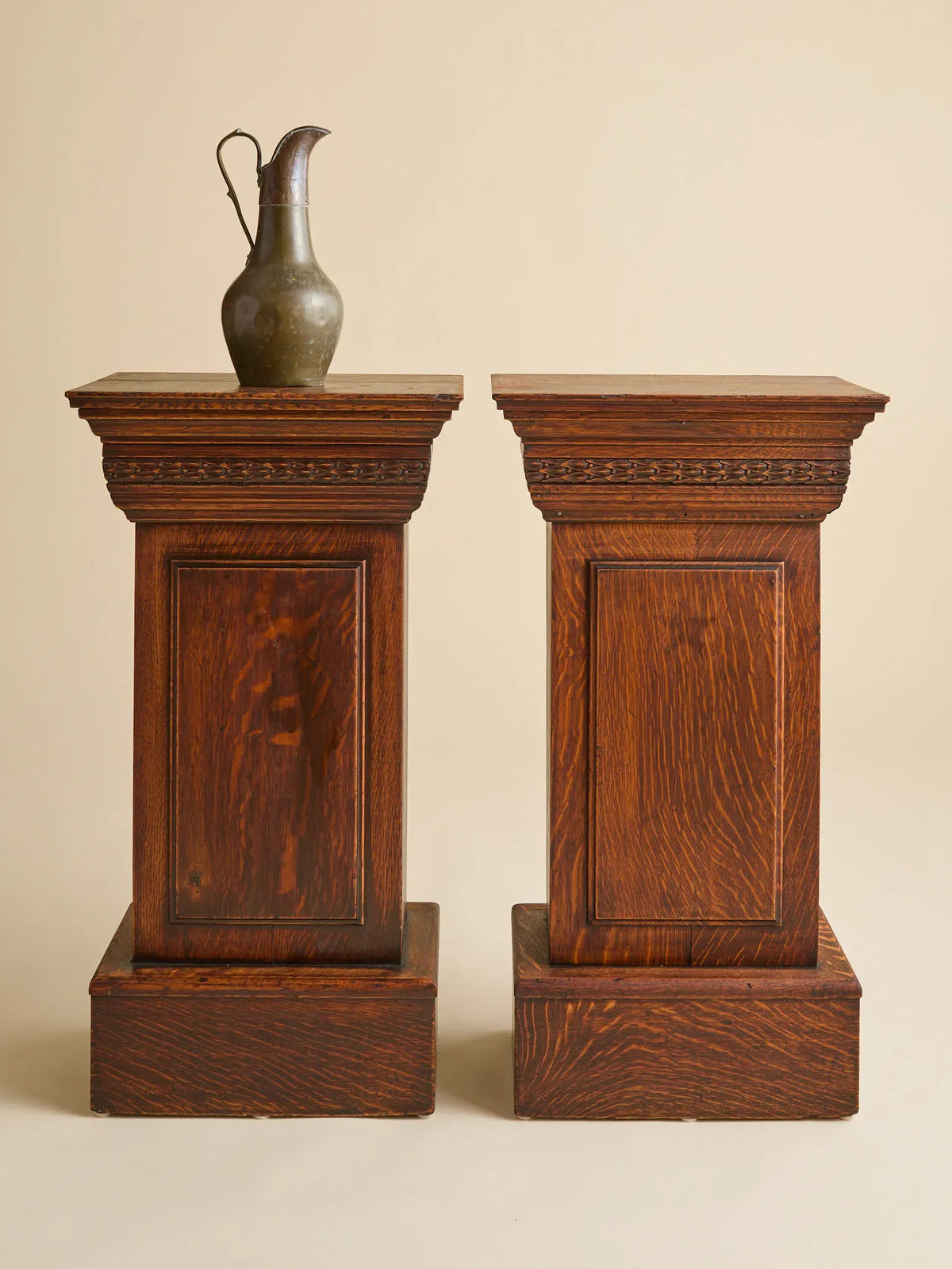 The Vintage Stickley-Style Tiger Oak Pedestals, 2 AvailablePedestalsMiscellanea, etc.