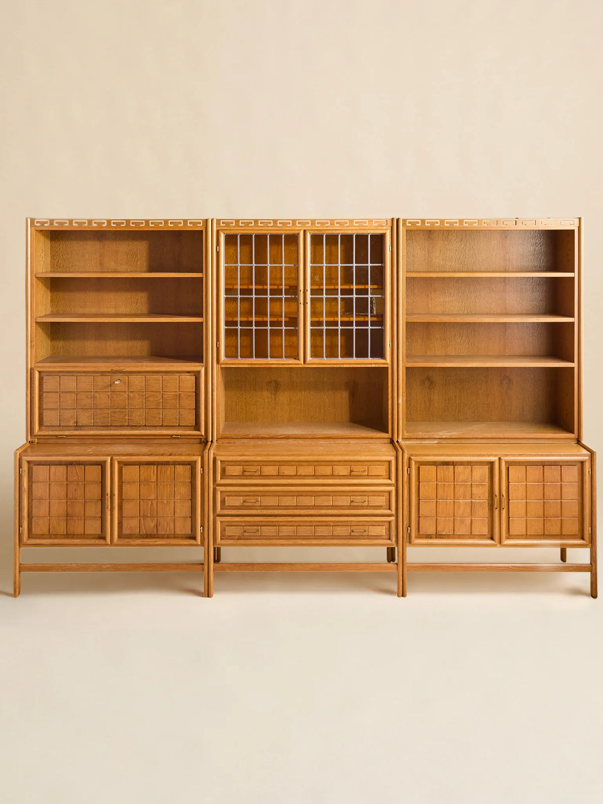 The Vintage Danish Oak Step-Back Cabinet with Yellow Glass Doors by Henning KjaernulfCabinets and ShelvingMiscellanea, etc.