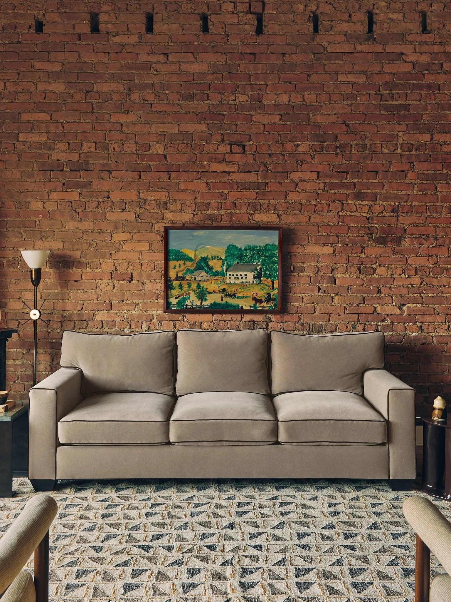 The Vintage Beige Mohair Sofa with Chocolate Brown Leather Contrast PipingSeatingMiscellanea, etc.
