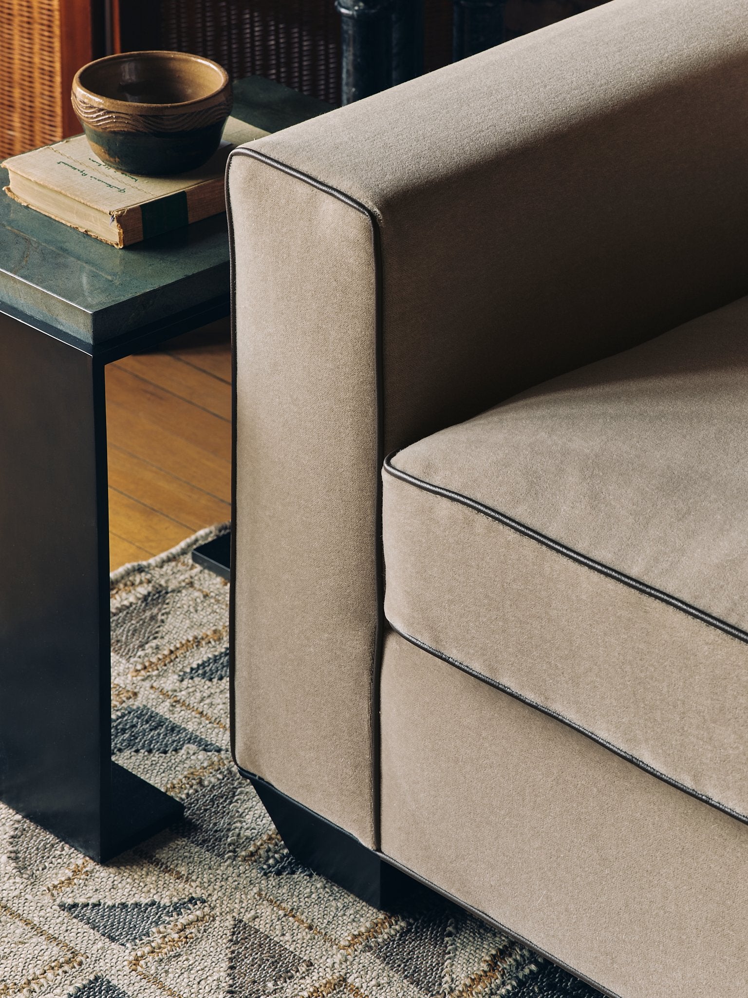 The Vintage Beige Mohair Sofa with Chocolate Brown Leather Contrast PipingSeatingMiscellanea, etc.