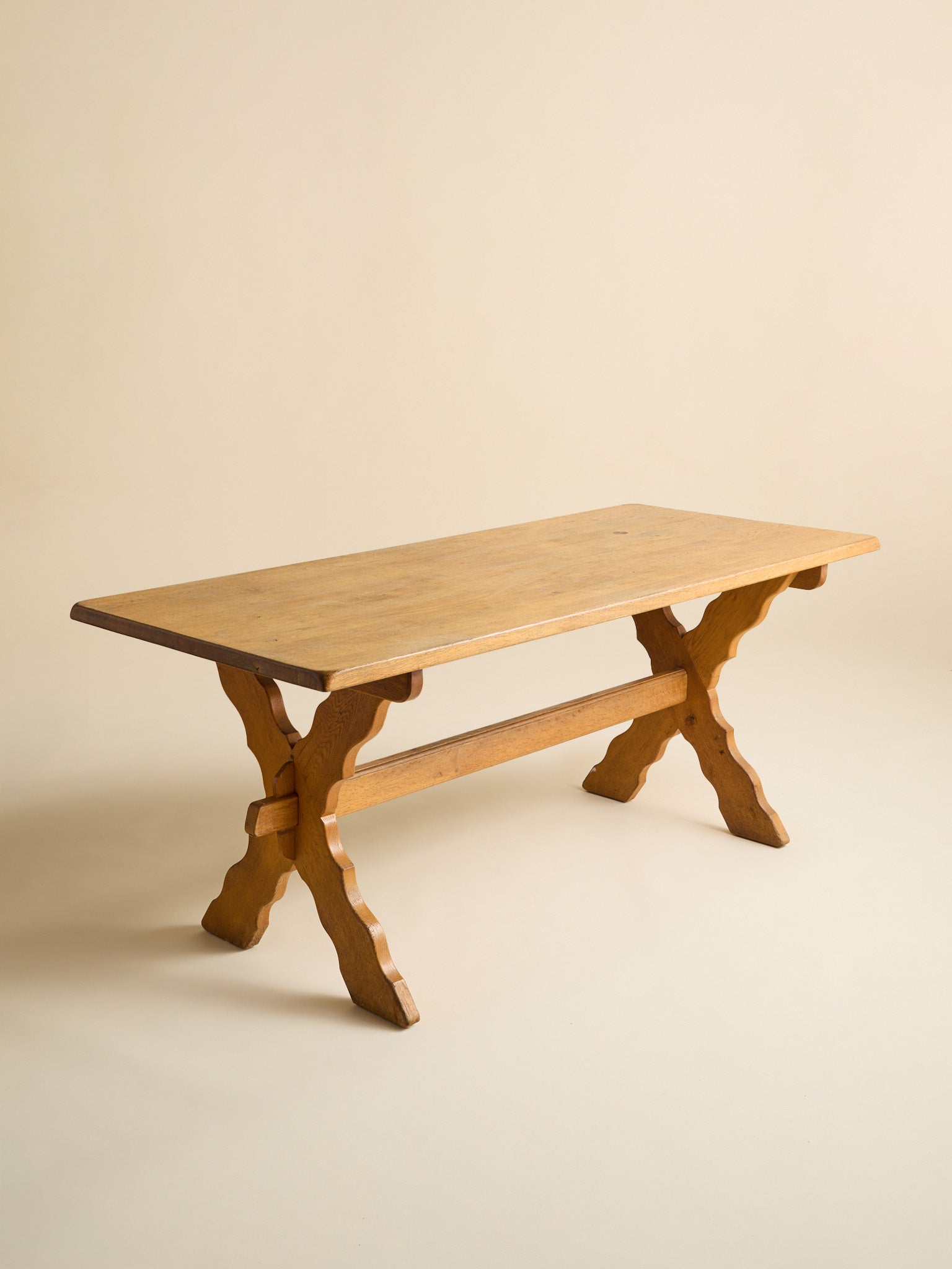 The Vintage Kjaernulf Danish Squiggle X-Base Trestle TableDining TablesMiscellanea, etc.