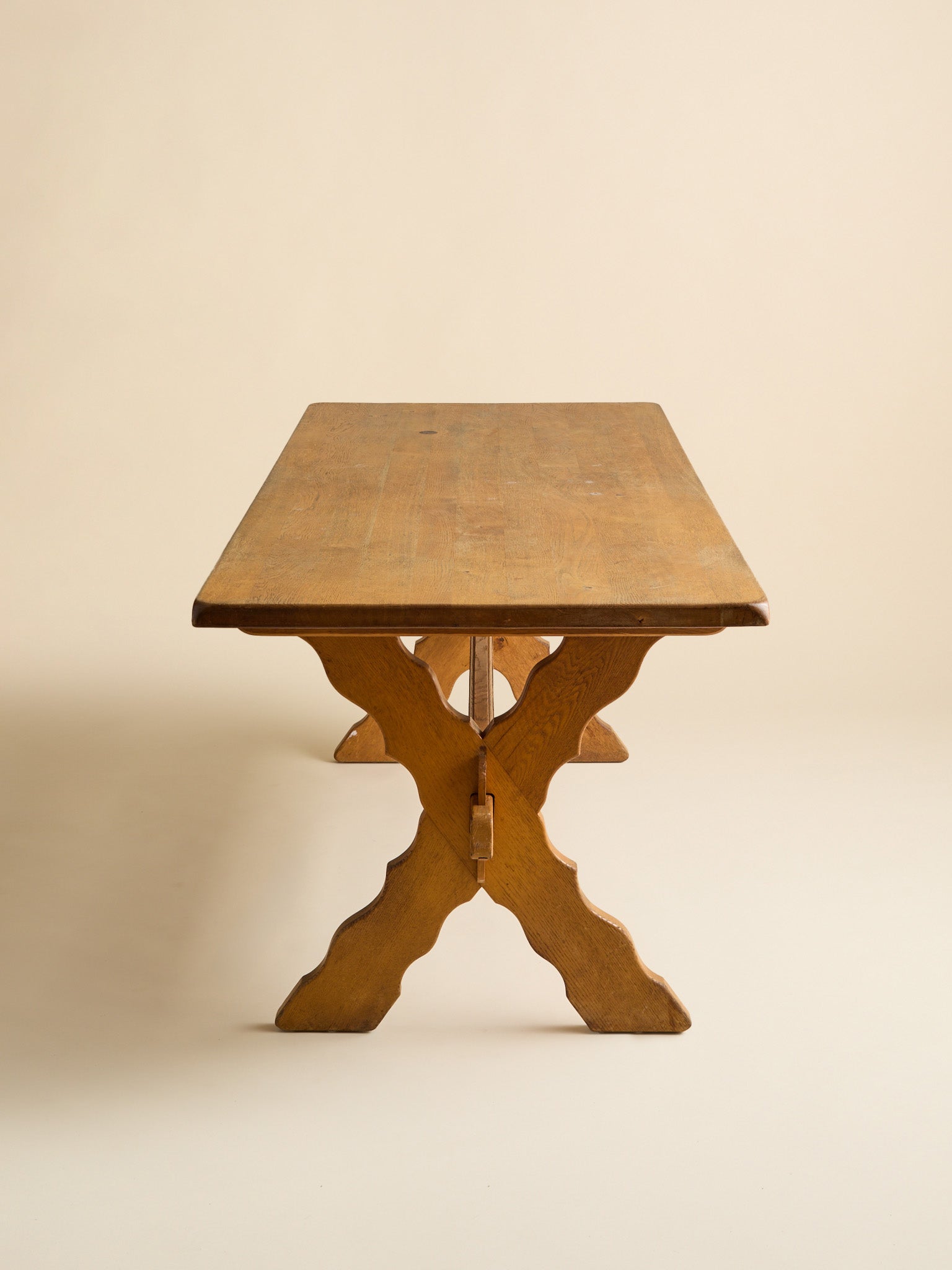 The Vintage Kjaernulf Danish Squiggle X-Base Trestle TableDining TablesMiscellanea, etc.