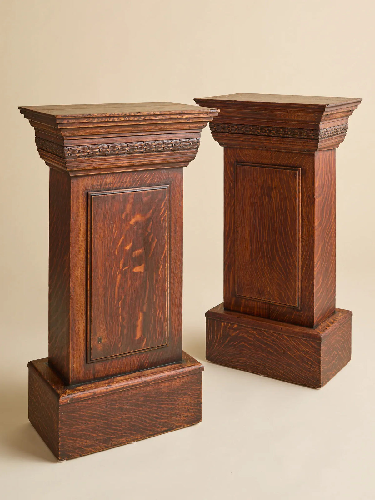 The Vintage Stickley-Style Tiger Oak Pedestals, 2 AvailablePedestalsMiscellanea, etc.
