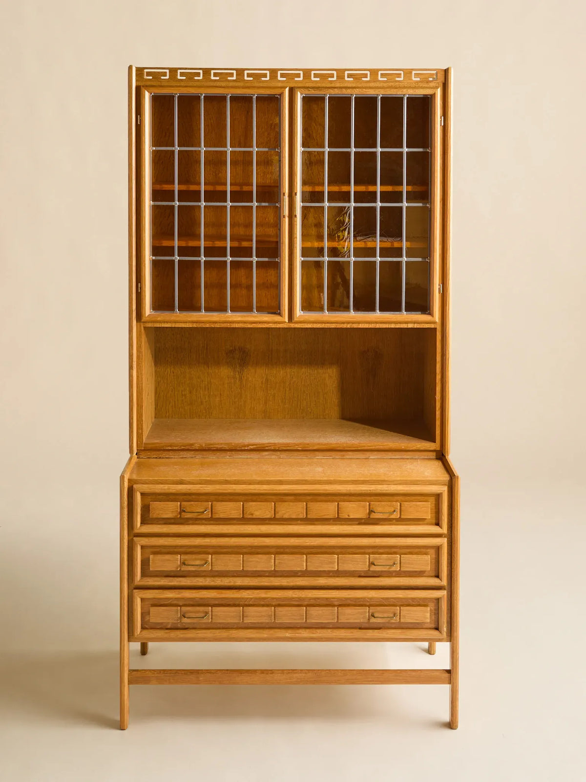 The Vintage Danish Oak Step-Back Cabinet with Yellow Glass Doors by Henning KjaernulfCabinets and ShelvingMiscellanea, etc.